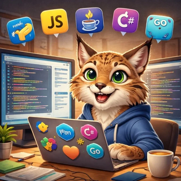 Lince estilo Pixar con laptop y paneles de código — top 5 lenguajes de programación más populares en 2026.