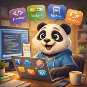 Panda estilo Pixar programando con laptop y tarjetas de skills — oportunidades laborales en programación web y desarrollo de aplicaciones 2026.