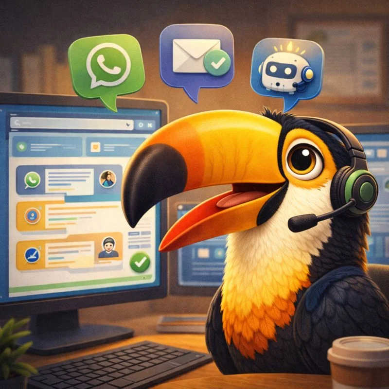 Tucán estilo Pixar con auriculares y panel de conversaciones — CRM 2026 con WhatsApp, email y chatbots para PyMEs en Argentina.